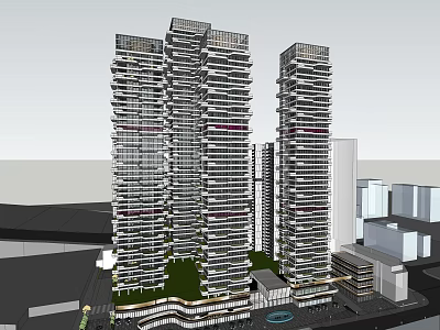 Modern High Rise Urban Towers With Layered Balcony Design And Adjacent Low Rise Structures 3d model