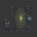 Futuristic Tech Structure With Tall Towers Blue Displays Yellow Spiral Lights And Control Panel