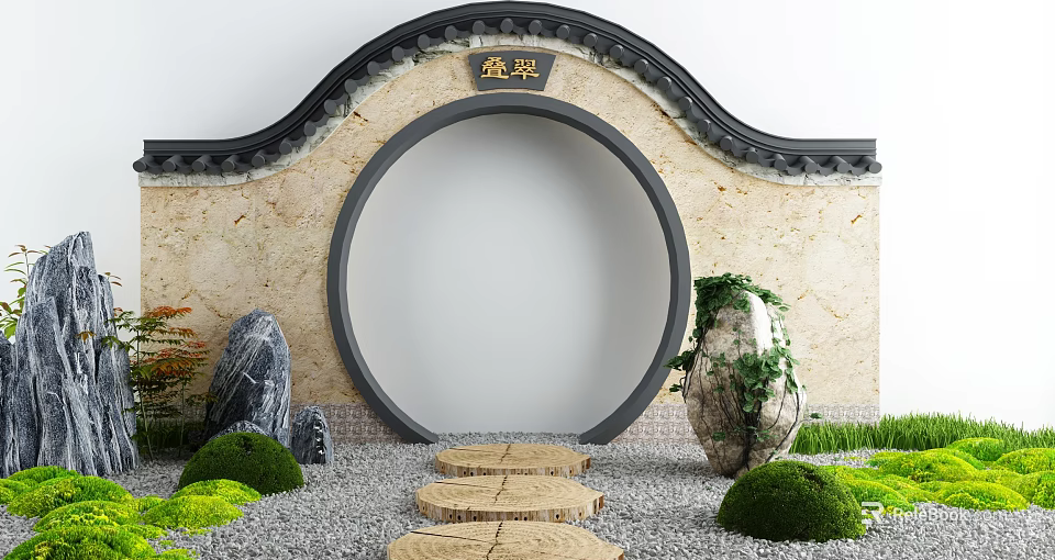 Traditional Chinese Courtyard Garden with Circular Archway Stone Wall Stone Steps Green Plants and Pebbles 3d model 