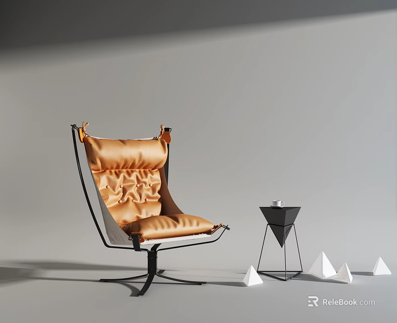 Modern Brown Leather Armchair With Metal Frame And Geometric Decorations Near Side Table 3d model 