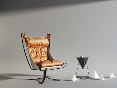 Modern Brown Leather Armchair With Metal Frame And Geometric Decorations Near Side Table 3d model