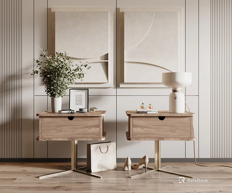 Modern Wooden Bedside Tables With Gold Metal Legs Table Lamp And Vase 3d model 