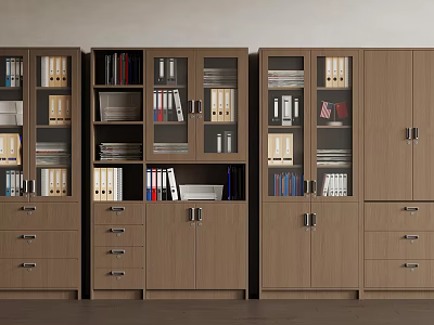 Brown Storage Cabinets With Glass Doors And Drawers For Files And Books In Office Space 3d model
