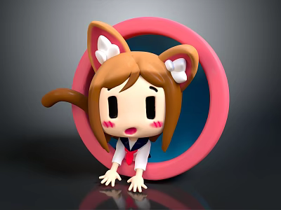 3D Cartoon Girl Character With Cat Ears Sailor Uniform Surprised Expression And Pink Circular Frame 3d model