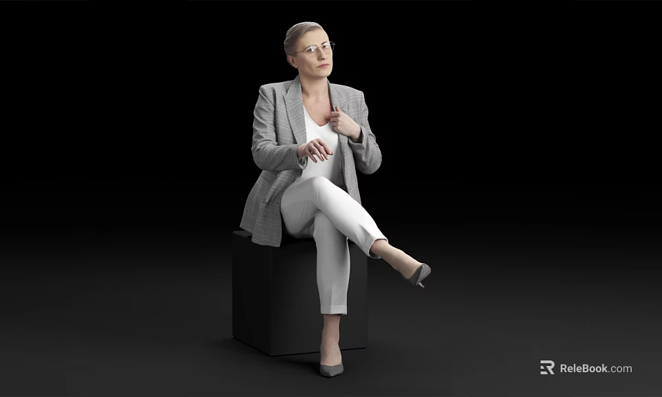 Professional Woman In Gray Blazer And White Pants Sitting On Black Cube With Glasses 3d model 