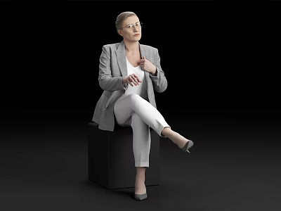 Professional Woman In Gray Blazer And White Pants Sitting On Black Cube With Glasses 3d model