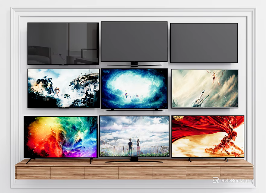 Multiple Flat Screen TVs Display Diverse Scenes On Wooden Shelf With Vibrant Screens 3d model 