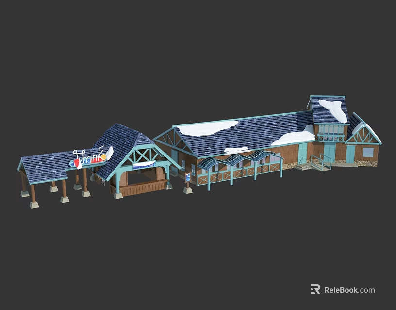 Cartoon Style Building Scene With Blue Roof Snow Covered Sign And Wooden Pillars 3d model 