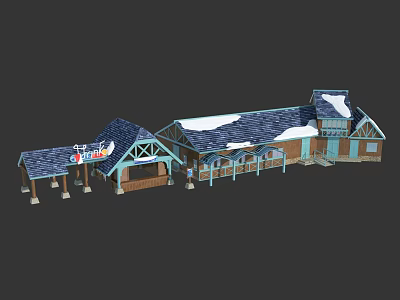 Cartoon Style Building Scene With Blue Roof Snow Covered Sign And Wooden Pillars 3d model