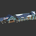 Cartoon Style Building Scene With Blue Roof Snow Covered Sign And Wooden Pillars