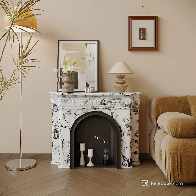 Marble Fireplace With Decorative Mantel Cozy Sofa And Floor Lamp In Living Room Interior 3d model 