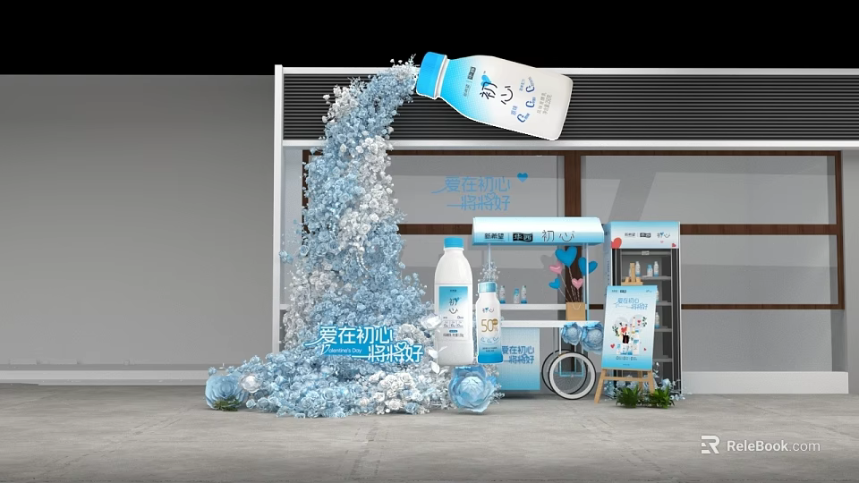 Blue Themed Art Installation With Floating Milk Bottle And Scattered Decorations 3d model 