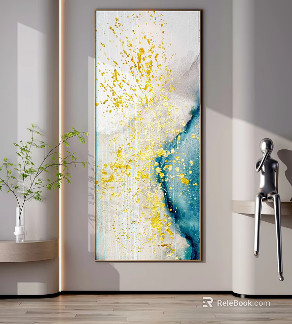 Abstract Gold Blue Splash Decorative Painting With Green Plant And Metal Sculpture 3d model 