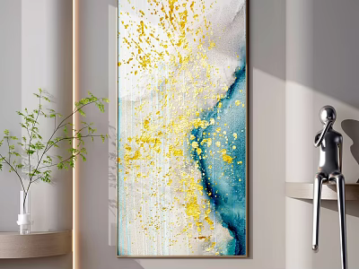 Abstract Gold Blue Splash Decorative Painting With Green Plant And Metal Sculpture 3d model