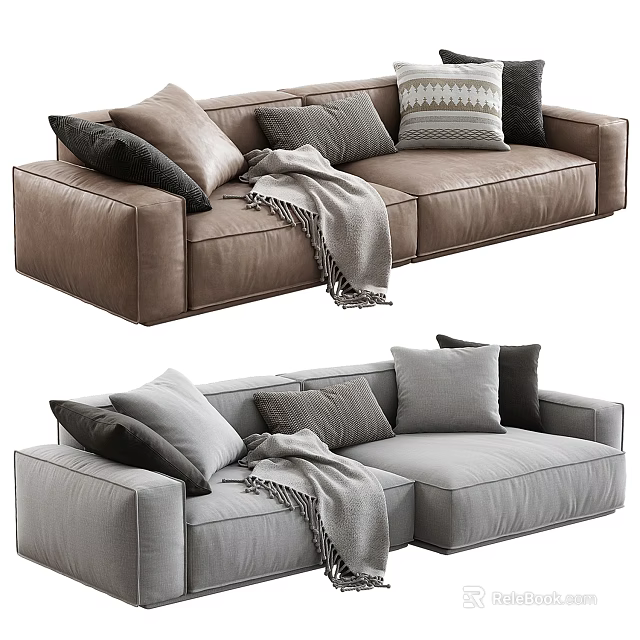 Modern Two Seater Fabric Sofa with Soft Pillows Cozy Blanket Brown Gray Interior Decor 3d model 