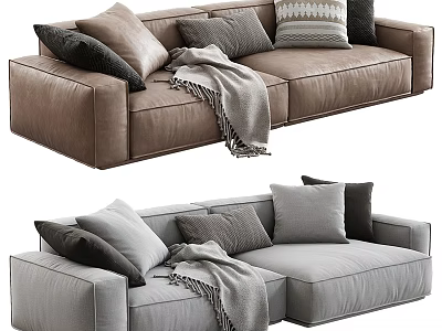 Modern Two Seater Fabric Sofa with Soft Pillows Cozy Blanket Brown Gray Interior Decor 3d model