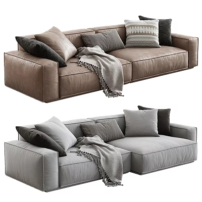 Modern Two Seater Fabric Sofa with Soft Pillows Cozy Blanket Brown Gray Interior Decor 3d model
