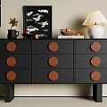 Black Console Table With Round Wooden Knobs Drawers Table Lamp Artwork Books And Decorative Items 3d model