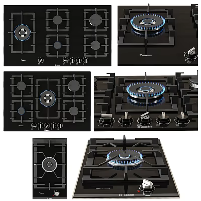 Modern Gas Stove Kitchen Appliance With Multiple Burners And Black Glass Top 3d model