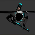 Cyberpunk Female Warrior in Futuristic Black and Teal Armored Suit Wearing Helmet Holding Twin Katanas