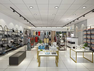 Modern Clothing Store Interior With Shelves Clothes Shoes Handbags Display Tables And Bench 3d model