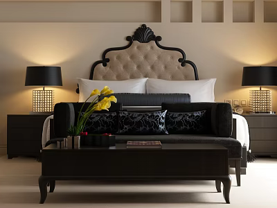 Elegant Double Bed With Tufted Headboard Nightstands Table Lamps And Yellow Flowers In Bedroom 3d model