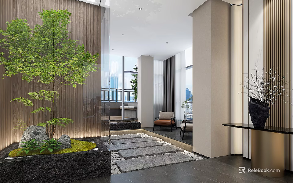 Modern Elevator Hallway With Green Plants Stone Path And Floor To Ceiling Windows Design 3d model