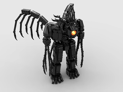 Black Building Block Mechanical Monster Figure With Wings Claws And Orange Glowing Core 3d model