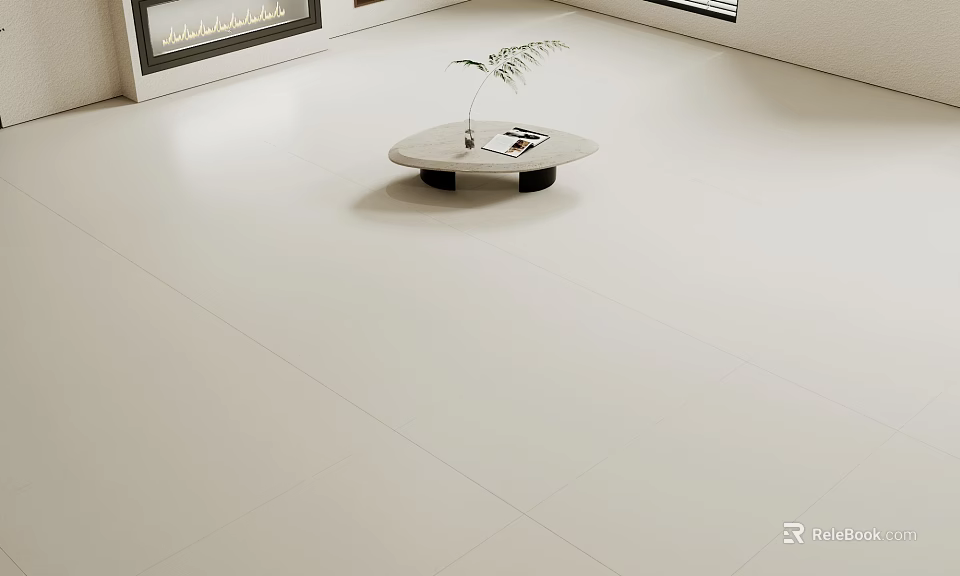 Modern White Polished Floor Tiles In Living Room With Coffee Table And Plant 3d model 