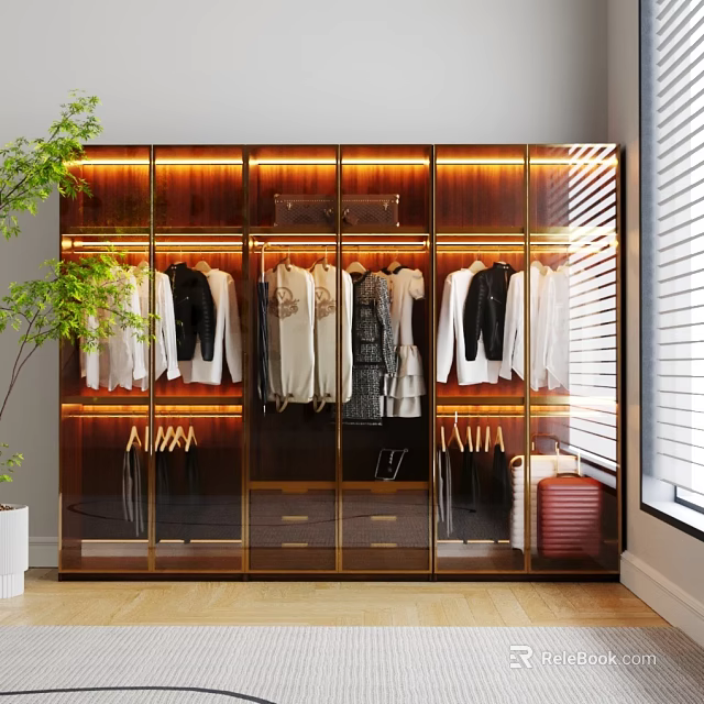 Luxury Modern Wardrobe With Glass Doors Built-in Lighting Metal Accents And Hanging Clothes 3d model 