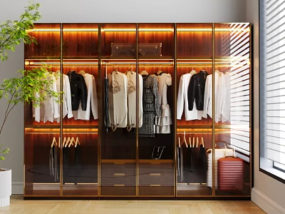 Luxury Modern Wardrobe With Glass Doors Built-in Lighting Metal Accents And Hanging Clothes 3d model