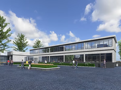 Modern Residential Building With Large Glass Windows Surrounding Greenery People Walking And Blue Sky 3d model