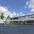 Modern Residential Building With Large Glass Windows Surrounding Greenery People Walking And Blue Sky