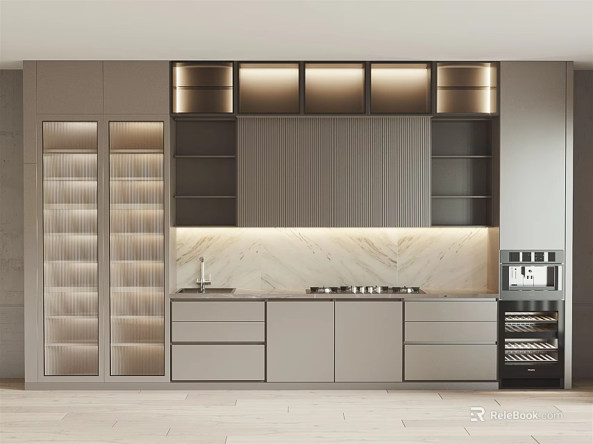 Modern Light Grey Kitchen Cabinets With LED Lighting Marble Countertop Wine Rack And Appliances 3d model 