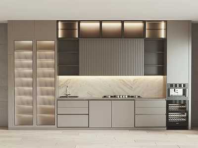 Modern Light Grey Kitchen Cabinets With LED Lighting Marble Countertop Wine Rack And Appliances 3d model