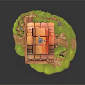 Cartoon Scene of Small House with Red Tile Roof Round Windows Path Stones and Grass