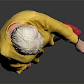 Woman with white hair wearing yellow top green pants red shoes standing against gray background