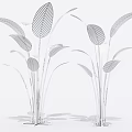 Metallic Leaf Shaped Decorative Ornament Set With Tall Stems And Circular Base 3d model