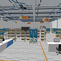 Modern Public Office Area With Blue Storage Boxes Metal Shelves Workstations And Ceiling Light Strips