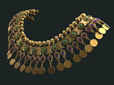Ornate Gold Necklace With Emerald and Amethyst Stones and Round Pendants Design 3d model