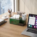 Daily Necessities On Wooden Tabletop With Tissue Box Pencil Holder And Laptop