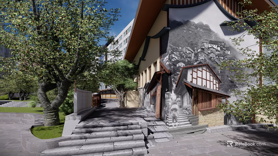 Traditional Scenic Wall Design With Black And White Landscape Painting Stone Steps And Trees 3d model 