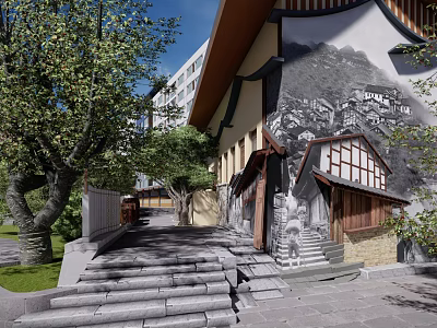 Traditional Scenic Wall Design With Black And White Landscape Painting Stone Steps And Trees 3d model