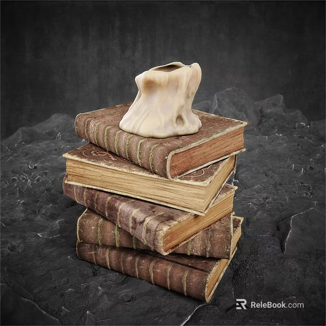 Antique Hardcover Books Stacked With Ivory Colored Irregular Shaped Decorative Object 3d model