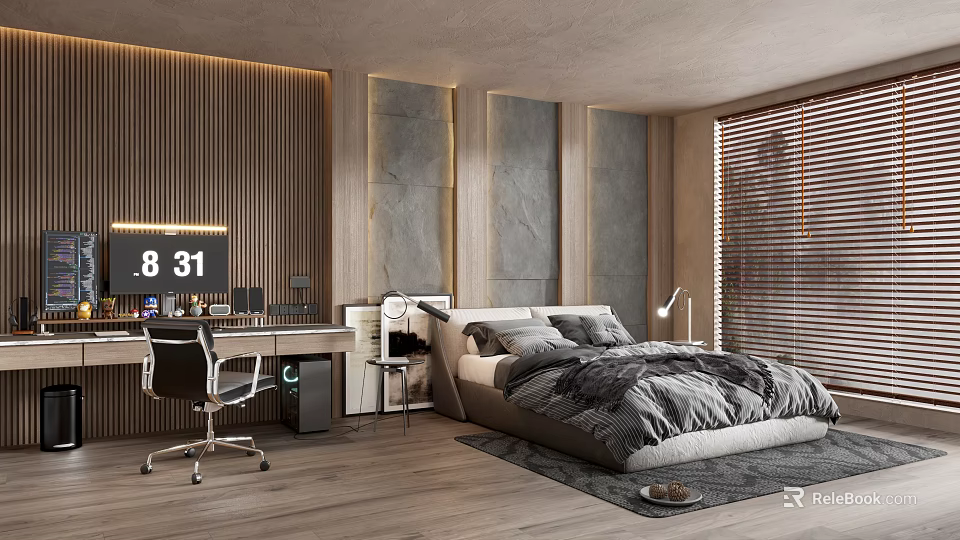 Modern Bedroom Interior Design With Gray Bedding Work Desk And Wooden Stone Walls 3d model 