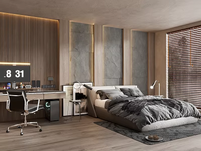 Modern Bedroom Interior Design With Gray Bedding Work Desk And Wooden Stone Walls 3d model