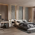 Modern Bedroom Interior Design With Gray Bedding Work Desk And Wooden Stone Walls
