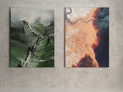 Abstract Wall Art With Green Textured And Orange Dark Paintings Hanging On Gray Wall 3d model