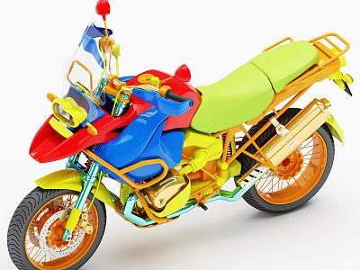 Colorful Toy Motorcycle With Green Seat Orange Wheels And Decorative Handlebar Parts 3d model