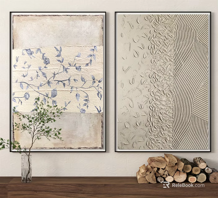 Two Decorative Paintings With Blue Floral And Textured Design Near Green Plant And Wooden Logs 3d model 